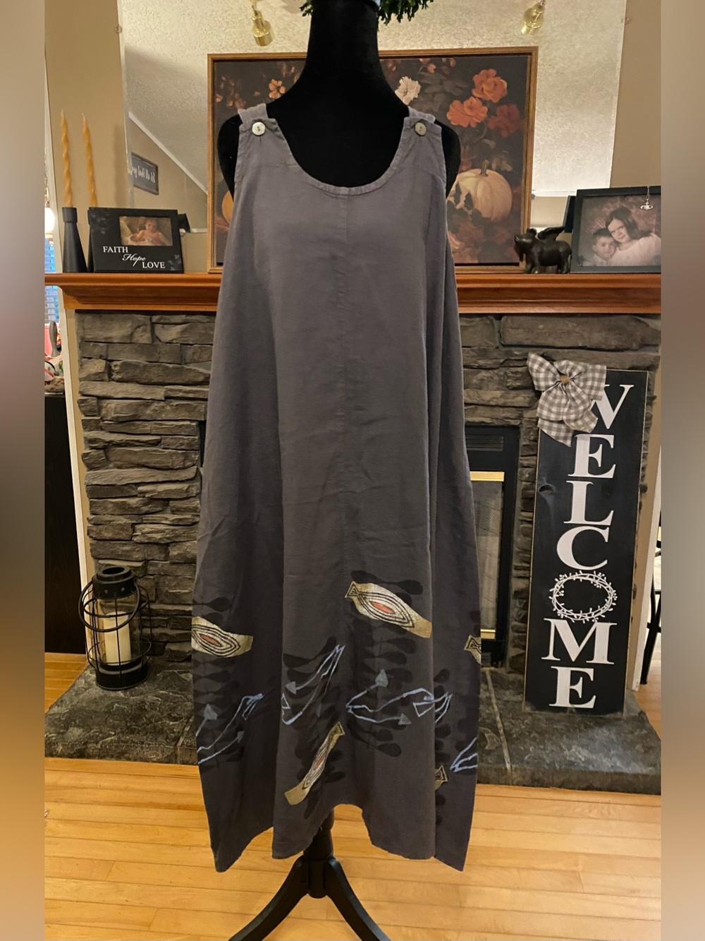 VTG Blue Fish Painted Sleeveless Maxi Jumper Dress  in Charcoal
